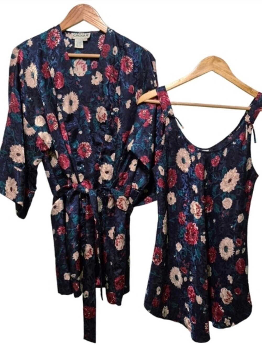 Vintage Satin Robe And Nightie Set By Cacique SIZE P/S Navy Floral Lingerie